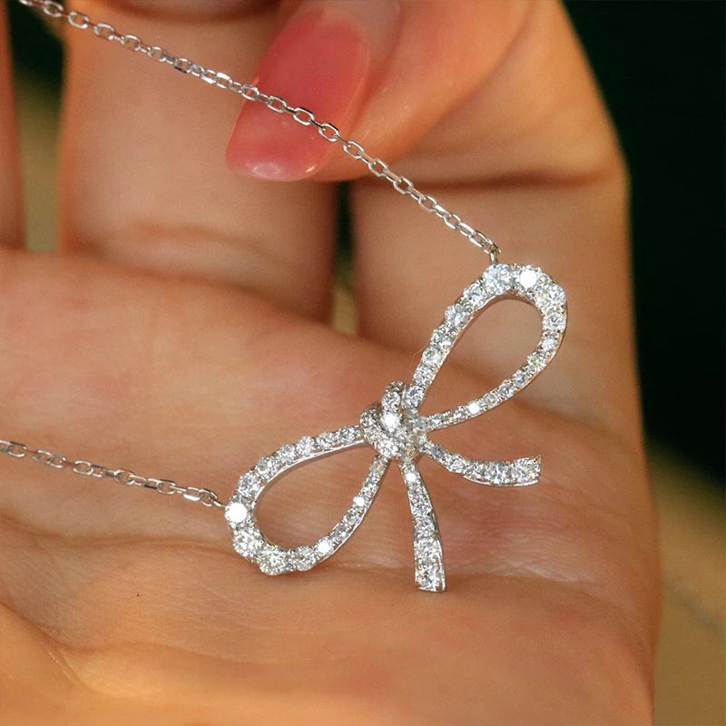 The Aazuo Fine Jewelry 18K White Gold Real Diamonds Fairy Bowknot Necklace