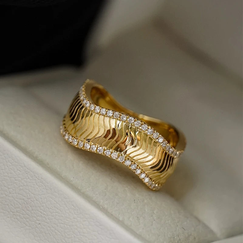 Aazuo 18K Solid Yellow Gold Real Diamond Fairy Wave Line Ring