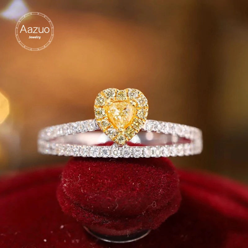 Aazuo 18K Solid Gold Heart V-Shape Ring with Yellow & White Diamonds