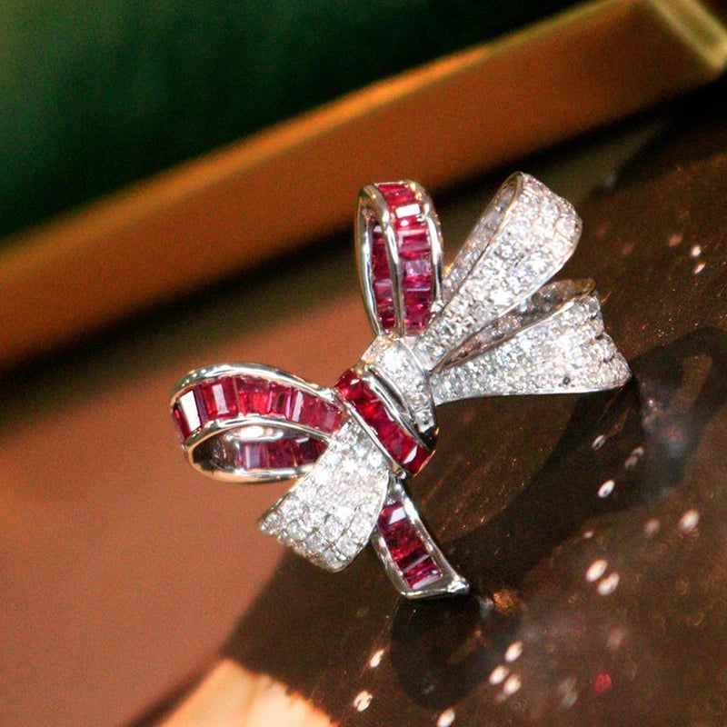 The Aazuo 18K Pure Solid White Gold Natural Ruby and Real Diamond Bowknot Ring