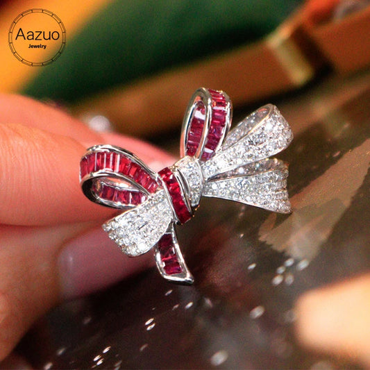 The Aazuo 18K Pure Solid White Gold Natural Ruby and Real Diamond Bowknot Ring