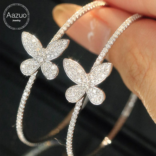 Aazuo 18K White Gold Real Diamonds Butterfly Hook Earrings