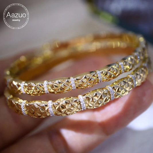 The Aazuo 18K Solid Yellow Gold Real Diamond Fairy Grid Line Bangle