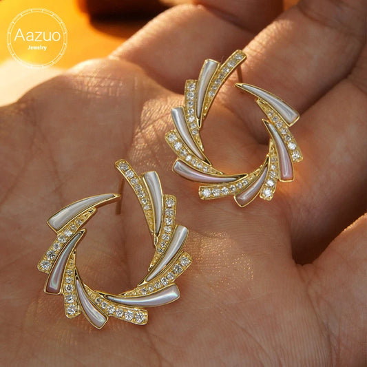 Aazuo Luxury 18K Yellow Gold Natural MOP & Diamond Hook Earrings