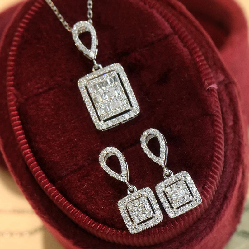 The Aazuo 18K White Gold Real Diamond Classic Square Necklace Jewelry Set