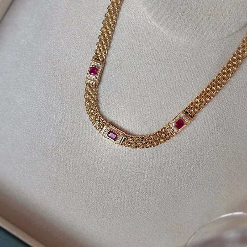 Aazuo Fine Jewelry 18K Yellow Gold Natural Ruby & Real Diamonds Necklace