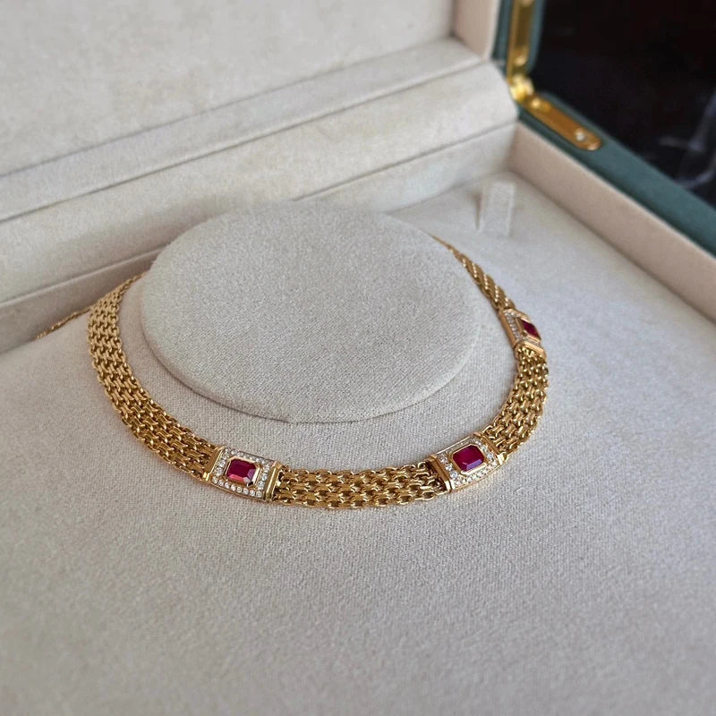 Aazuo Fine Jewelry 18K Yellow Gold Natural Ruby & Real Diamonds Necklace