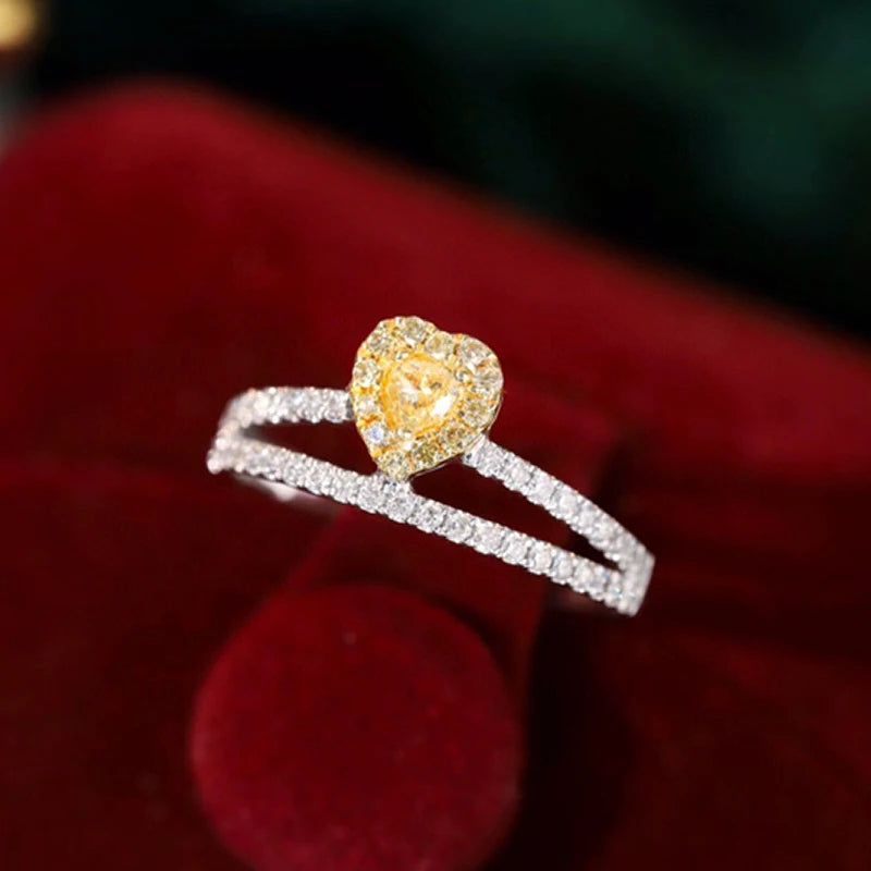 Aazuo 18K Solid Gold Heart V-Shape Ring with Yellow & White Diamonds