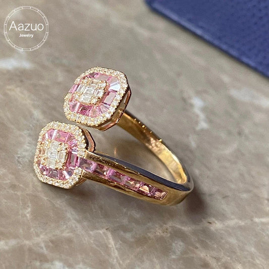 Aazuo 18K Solid Yellow Gold Natural Pink Sapphires & Real Diamond Open Ring