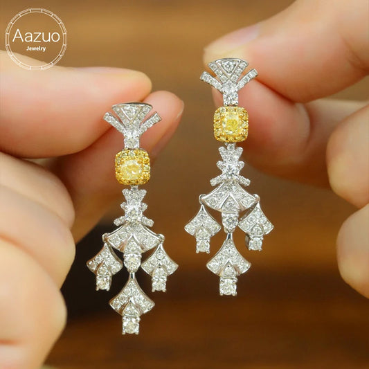 Aazuo 18K White & Yellow Diamond Lovely Flower Stud Earrings