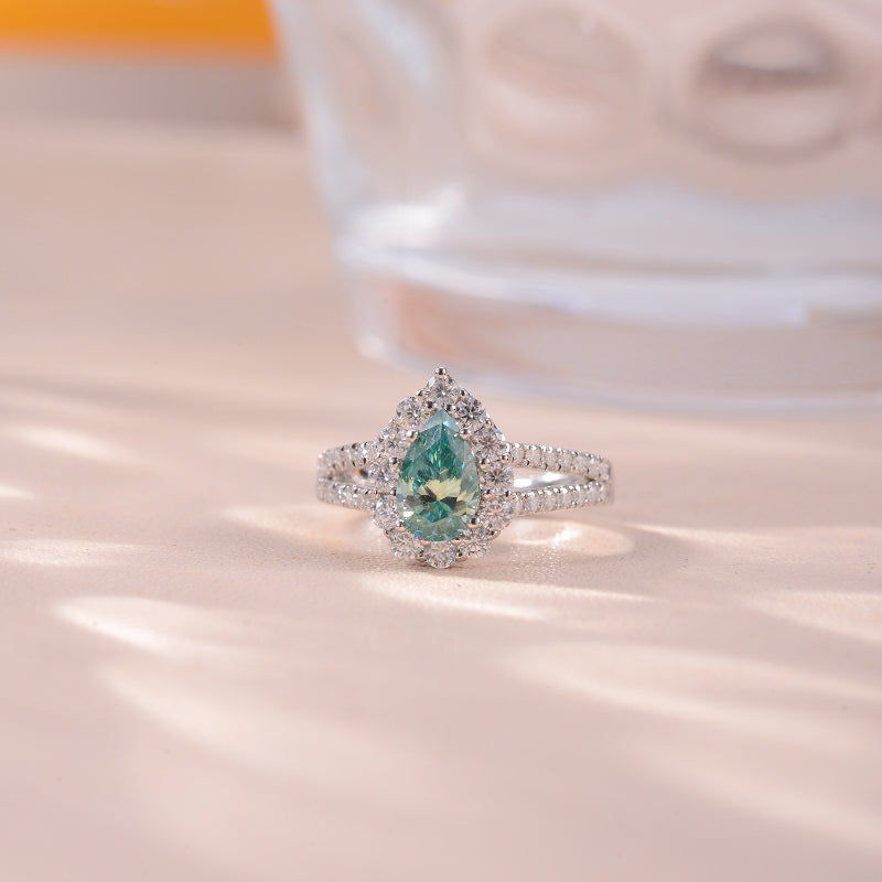 The Pear 1 Carat Green Moissanite Ring