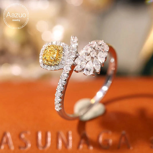 Aazuo Real Yellow & White Diamond 18K Gold Square Luxury Ring