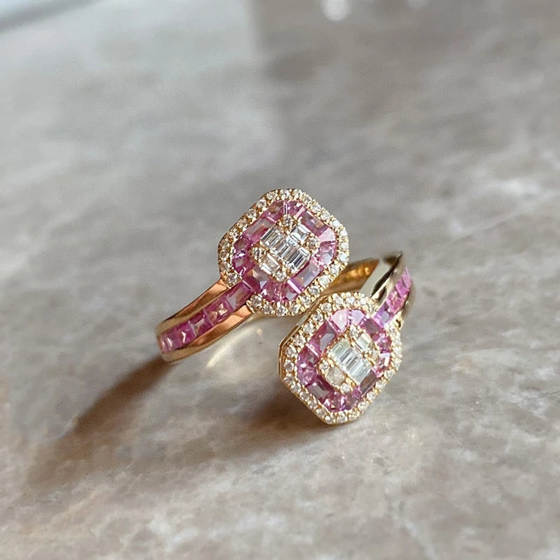 Aazuo 18K Solid Yellow Gold Natural Pink Sapphires & Real Diamond Open Ring