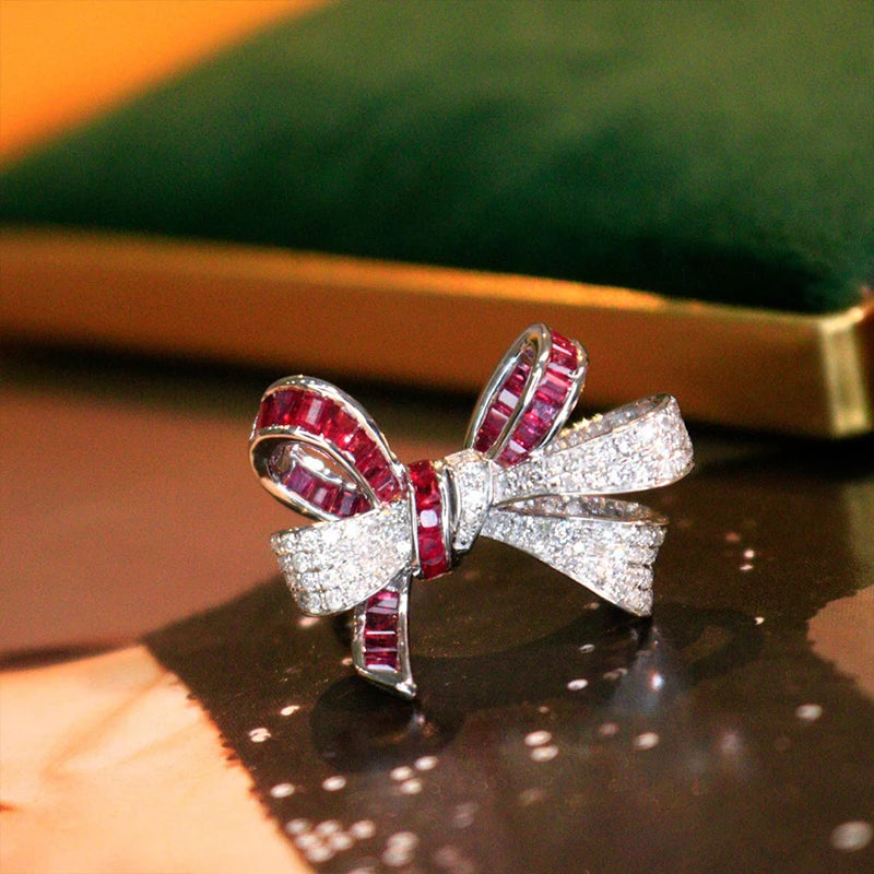 The Aazuo 18K Pure Solid White Gold Natural Ruby and Real Diamond Bowknot Ring