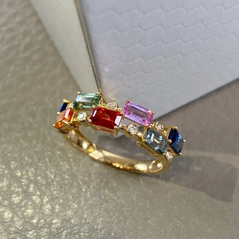 Aazuo 18K Yellow Gold Natural Sapphire & Diamond Ring