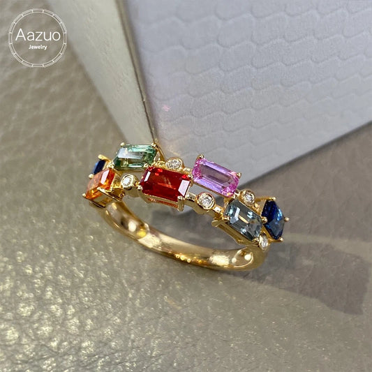 Aazuo 18K Yellow Gold Natural Sapphire & Diamond Ring