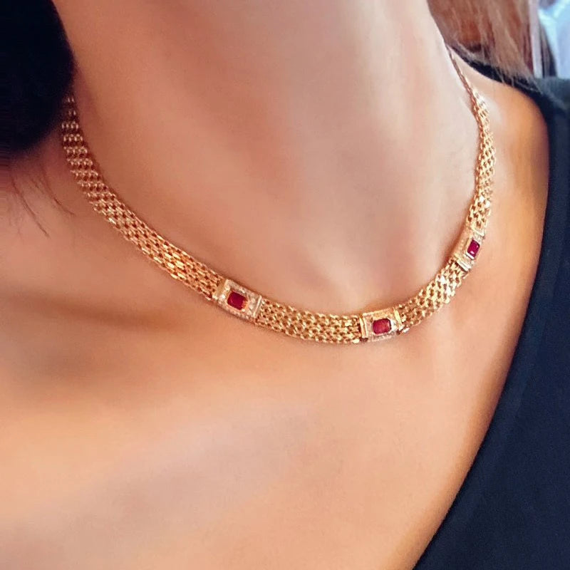 Aazuo Fine Jewelry 18K Yellow Gold Natural Ruby & Real Diamonds Necklace