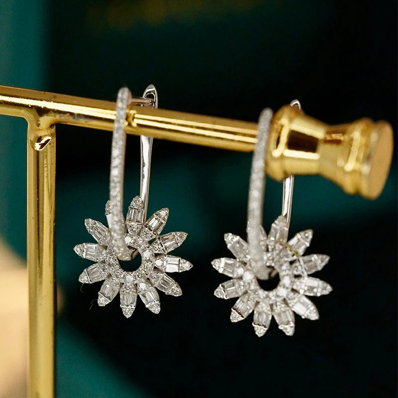 Aazuo 18K Real Gold Flower Hook Earrings with Waterdrop Diamonds