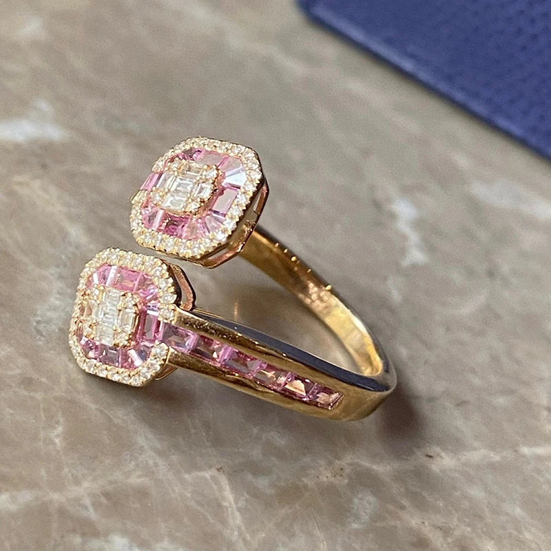 Aazuo 18K Solid Yellow Gold Natural Pink Sapphires & Real Diamond Open Ring