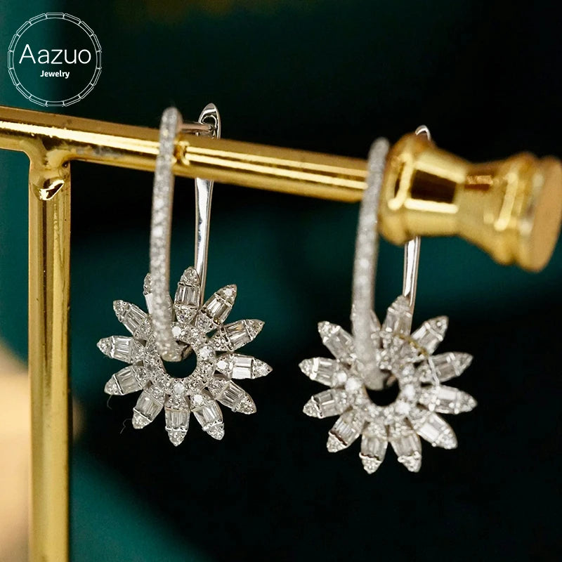 Aazuo 18K Real Gold Flower Hook Earrings with Waterdrop Diamonds