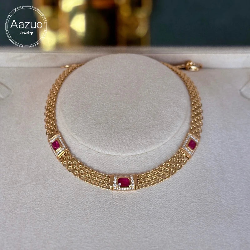 Aazuo Fine Jewelry 18K Yellow Gold Natural Ruby & Real Diamonds Necklace