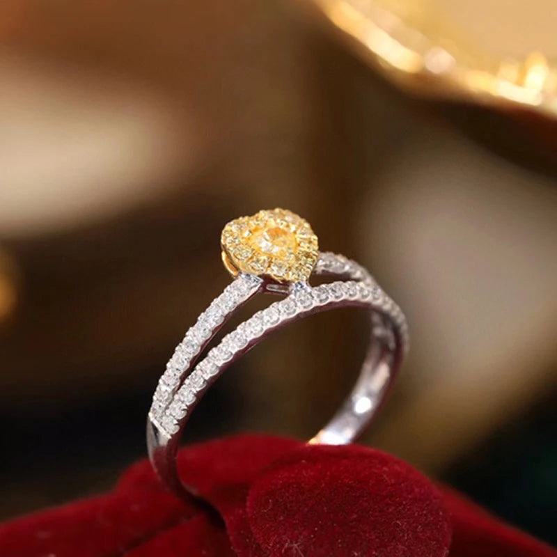 Aazuo 18K Solid Gold Heart V-Shape Ring with Yellow & White Diamonds