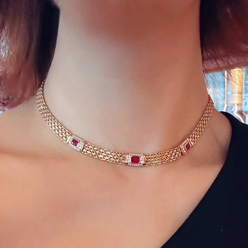 Aazuo Fine Jewelry 18K Yellow Gold Natural Ruby & Real Diamonds Necklace