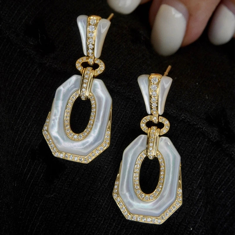 Aazuo 18K Yellow Gold Natural White MOP Diamond Drop Earrings