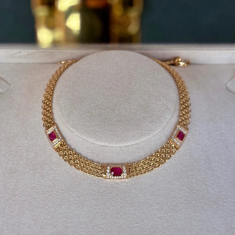 Aazuo Fine Jewelry 18K Yellow Gold Natural Ruby & Real Diamonds Necklace