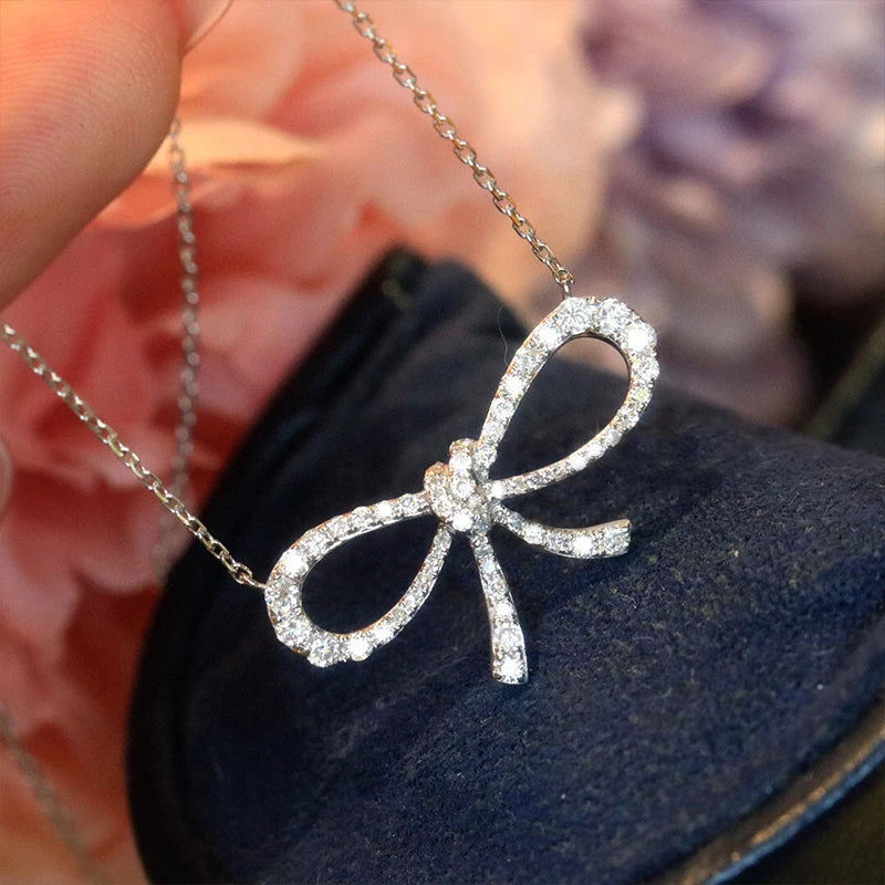 The Aazuo Fine Jewelry 18K White Gold Real Diamonds Fairy Bowknot Necklace