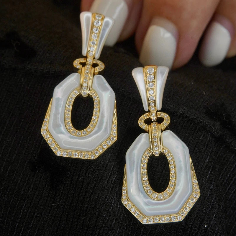 Aazuo 18K Yellow Gold Natural White MOP Diamond Drop Earrings