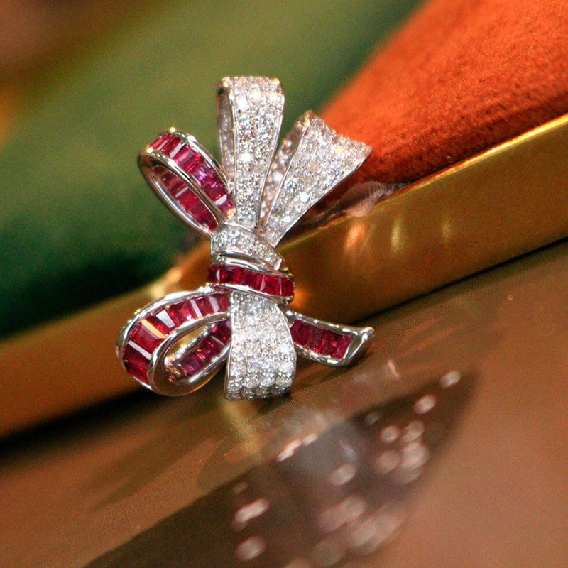 The Aazuo 18K Pure Solid White Gold Natural Ruby and Real Diamond Bowknot Ring