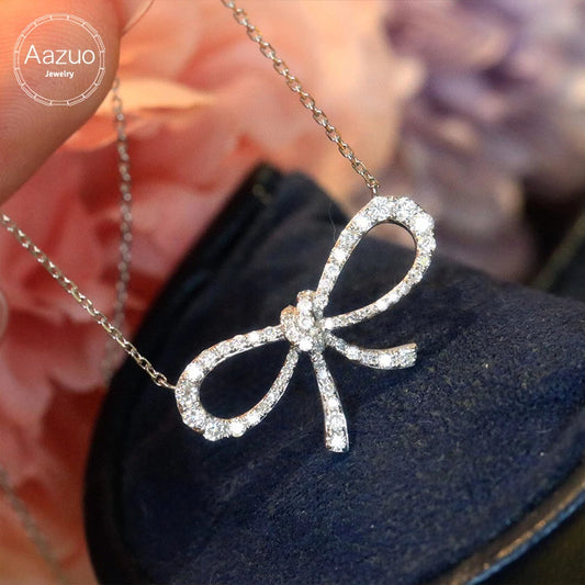 The Aazuo Fine Jewelry 18K White Gold Real Diamonds Fairy Bowknot Necklace