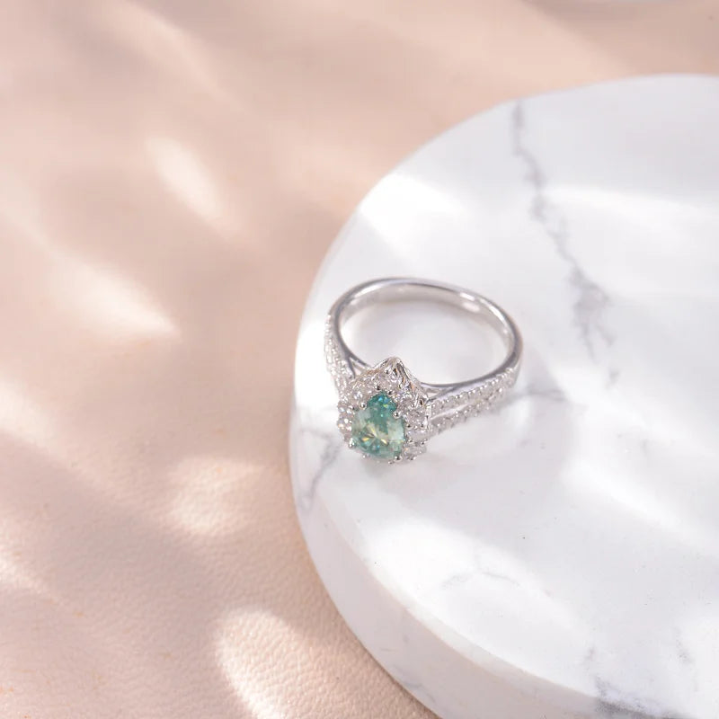 The Pear 1 Carat Green Moissanite Ring