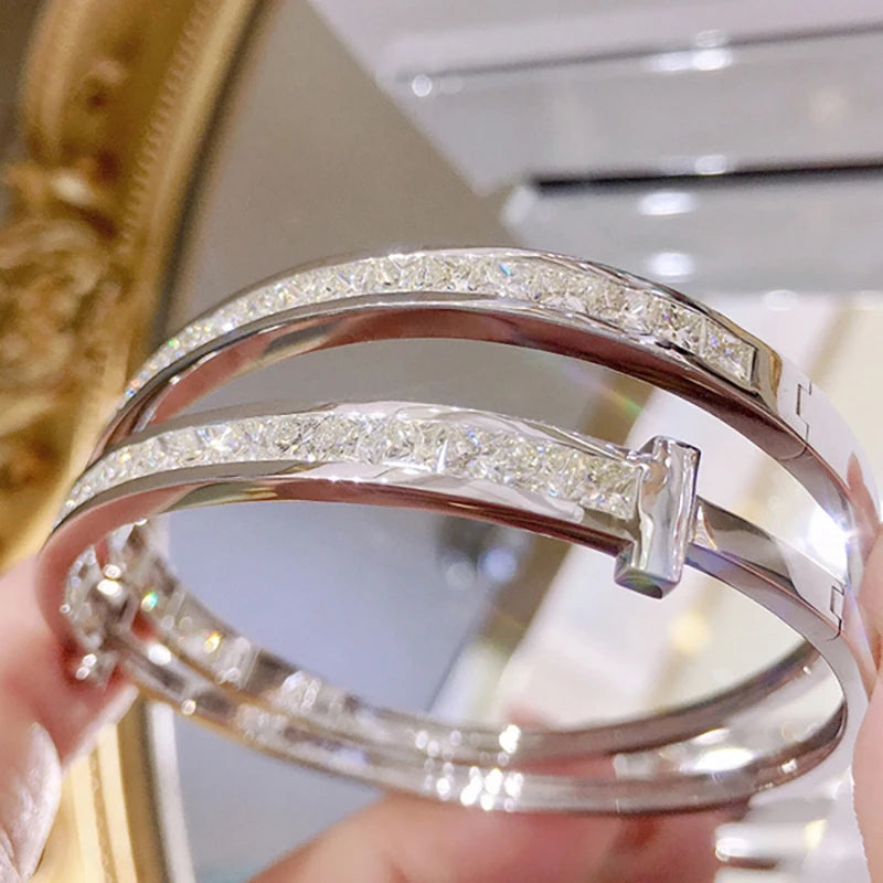 Aazuo 18K White Gold Natural Diamonds 4.0ct Classic Line Bangle