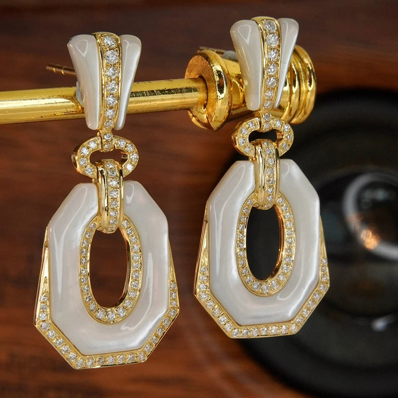 Aazuo 18K Yellow Gold Natural White MOP Diamond Drop Earrings