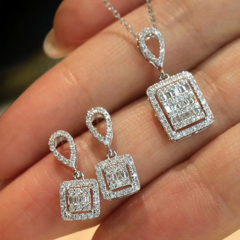 The Aazuo 18K White Gold Real Diamond Classic Square Necklace Jewelry Set