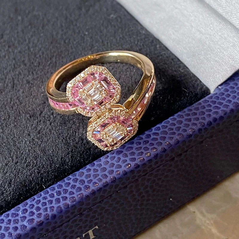 Aazuo 18K Solid Yellow Gold Natural Pink Sapphires & Real Diamond Open Ring